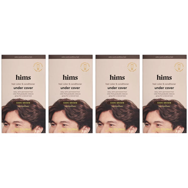 Four boxes of Hims Hair Color & Conditioner Under Cover Dark Brown 5oz are shown in a row, featuring the Hims brand, the top of a mans face, and highlighting gray coverage with an argan oil formula.